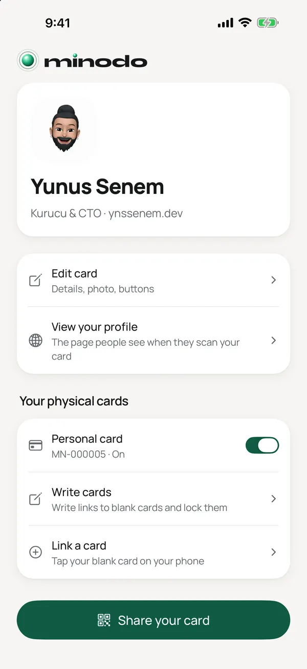 Minodo app home screen with your card